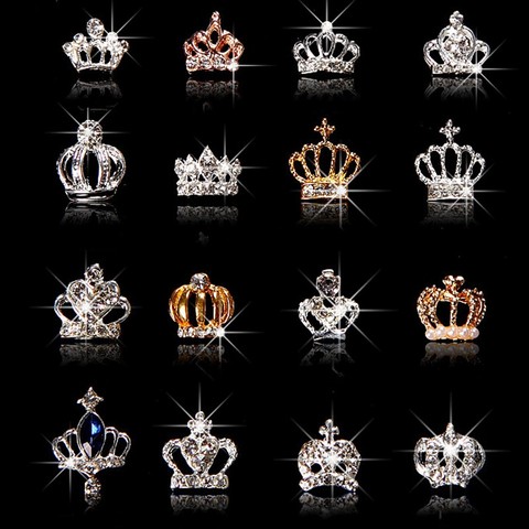 10 unids/lote 3D uñas arte joyería de plata y oro corona en forma de uñas joyería brillante de diamantes de imitación de cristal uñas accesorios de la joyería de ML723 # ► Foto 1/6