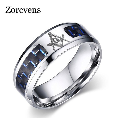 ZORCVENS-Anillos masónicos incrustados de fibra de carbono para hombre, Cool Blue, anillo de boda de acero inoxidable ► Foto 1/6