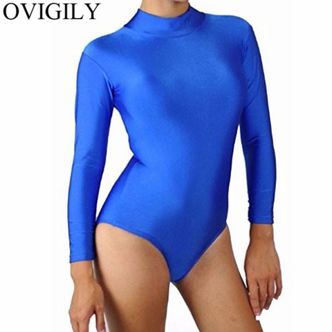 OVIGILY de las mujeres de manga larga de cuello Ballet maillots de baile adulto azul leotardos elásticos mono leotardo equipo básico de las niñas ► Foto 1/6