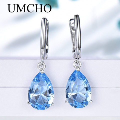 UMCHO genuino Plata de Ley 925 pendientes de Clip pendientes largos aretes pendientes para las mujeres Nano piedras preciosas de Topacio Azul compromiso boda aniversario joyería fina ► Foto 1/5