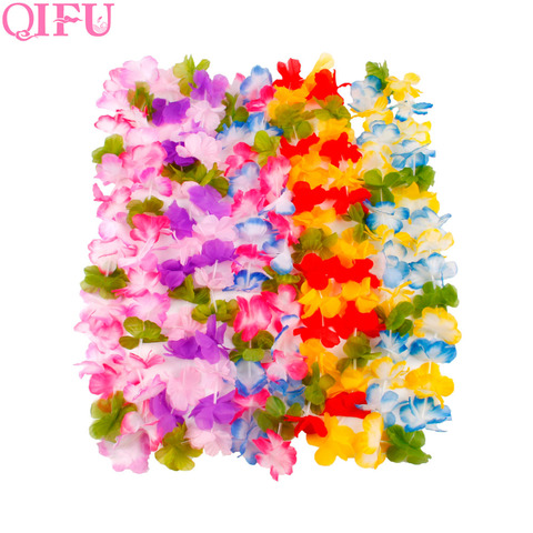 QIFU-flores artificiales de fiesta hawaiana, collar de guirnalda de leis, hawaiana, playa, Luau, decoración del banquete de boda Tropical de verano, 10 Uds. ► Foto 1/6