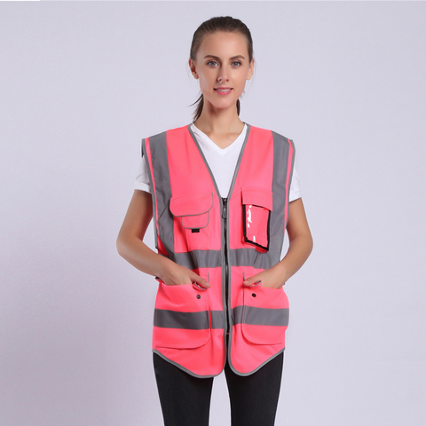 Chaleco de seguridad rosa para mujer, ropa con rayas reflectantes, con bolsillos y cremallera ► Foto 1/6