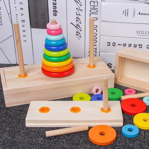 Clásico de rompecabezas de madera pila Torre de Hanoi chico matemáticas juguetes educativos para edades tempranas padre-hijo juguete interactivo con caja de almacenamiento ► Foto 1/6