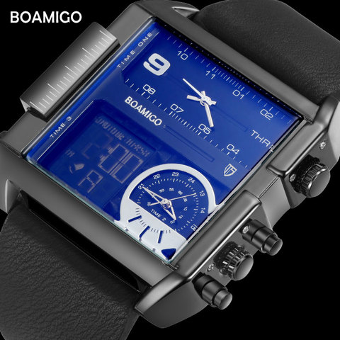 BOAMIGO- Relojes deportivos para hombre, reloj de pulsera masculino de cuarzo de cuero militar, con led, 3 zonas horarias ► Foto 1/6
