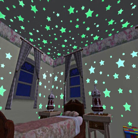Pegatinas de pared luminosas estrellas 3D que brillan en la oscuridad,  pegatinas de pared fluorescente para niños, habitación de bebé, dormitorio,  decoración del techo del hogar, 100 Uds. - Historial de precios