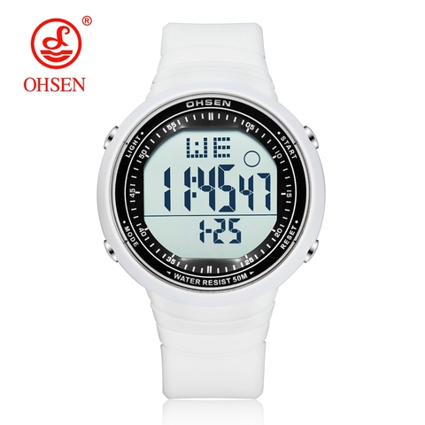OHSEN-Reloj de pulsera deportivo Digital para hombre, cronógrafo con pantalla LCD, resistente al agua hasta 50M, alarma, fecha, goma, color blanco, para exteriores, regalo ► Foto 1/6
