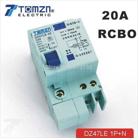 Disyuntor de corriente Residual con protección contra sobrecorriente y fugas RCBO, DZ47LE 1P + N 20A 230V ~ 50HZ/60HZ ► Foto 1/1