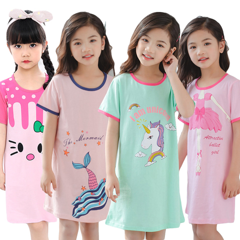 Unicornio de algodón camisón de poco Chica adolescente pijamas vestidos de los niños de dibujos animados de verano camisón ropa de casa niños ropa de dormir Gecelik ► Foto 1/6