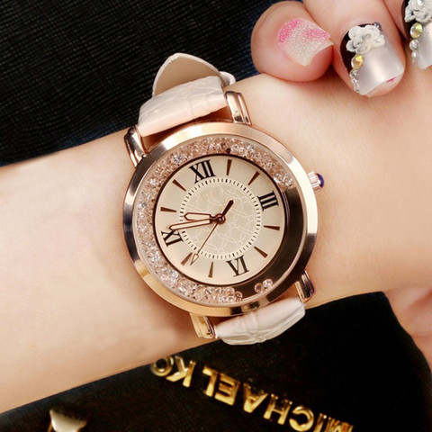 Nuevo reloj de pulsera de diamantes de imitación cuero reloj de pulsera de moda de las mujeres relojes de señoras analógico de aleación de cuarzo relojes @ F ► Foto 1/6