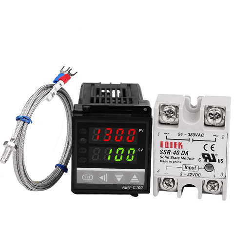 Conjunto de controlador regulador de termostato de temperatura Digital PID REX-C100 con salida SSR + termopar K + relé de estado sólido SSR 40A ► Foto 1/6