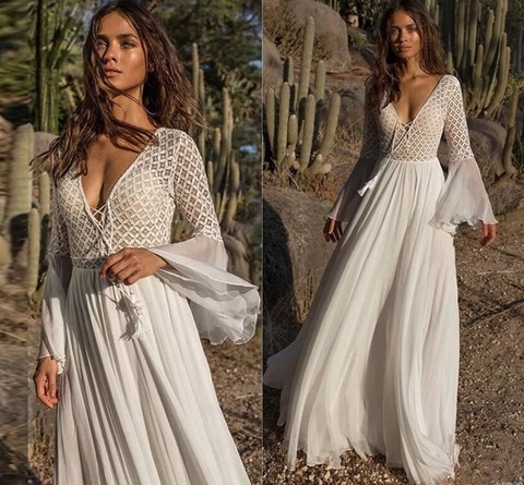 2022 nueva de encaje de gasa de cuello en V Boho boda vestidos de verano traje nupcial de playa vestidos de boda bohemios robe de mariage ► Foto 1/6