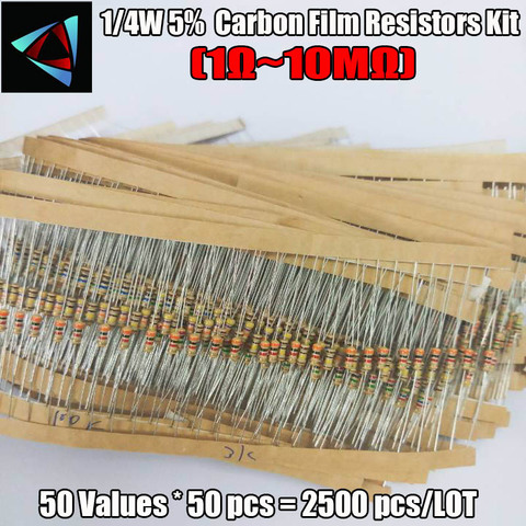 2500 unids/lote 1/4W 0,25 w 5% 1R-10M 50 valores Kit de resistencias de película de carbono surtido de selección de paquetes ► Foto 1/3