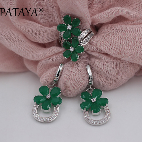 PATAYA RU-conjuntos de joyas románticas para mujer, conjunto de anillo y pendientes de Circonia Natural verde y flor, joyería de boda de oro blanco auténtico, gran oferta ► Foto 1/6