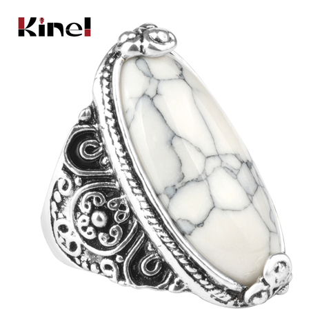 Kinel-Anillos de piedra Natural ovalado con forma de flor para mujer, aspecto Vintage, Plata tibetana antigua, 5 colores, joyería Retro ► Foto 1/6