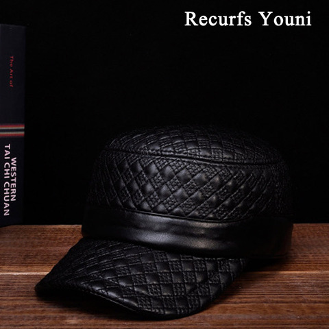 RY128-Sombrero plano con bordado de cuero genuino para hombre, gorra de ocio con rayas, color negro, para invierno, 2022 ► Foto 1/6