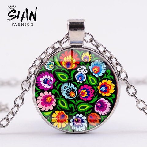 Collar de estilo bohemio polaco, cadena de diseños de arte popular, hecho a mano, foto de cristal, cabujón, colgante de gema, cuatro colores a elegir ► Foto 1/6