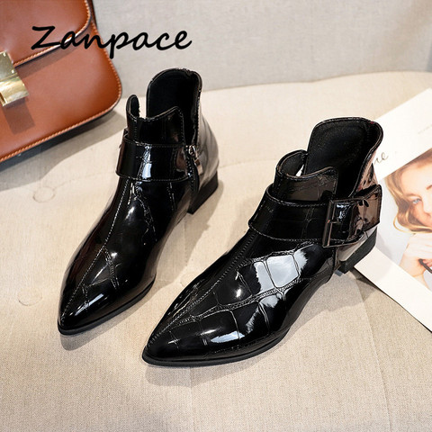 Zanpace-Botas De cuero Retro para Mujer, Zapatos De tacón bajo, botas brillantes De punta estrecha, botines De Mujer 2022 ► Foto 1/6