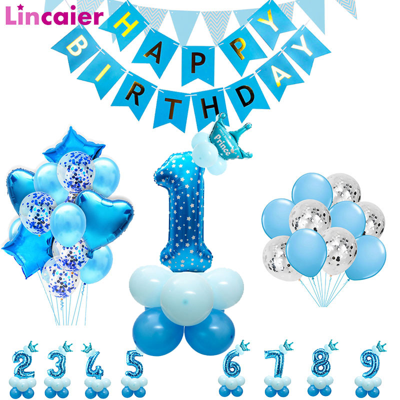 Comprar 1.er feliz cumpleaños, globos azules y plateados, decoraciones para  la fiesta del primer bebé, suministros para mi 1 año