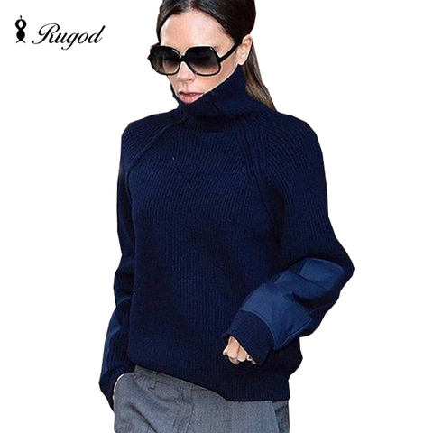 RUGOD 2022 militar parche manga invierno tejiendo suéter mujeres Turtleneck Patchwork suéteres y Pullovers Pull Femme ► Foto 1/1