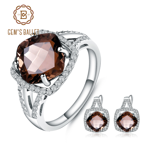 GEM'S BALLET-Conjunto de joyería para mujer, de cuarzo ahumado Natural, 9,6 CT, geométrico fino, conjunto de joyería para mujer, conjunto de anillo y pendientes de plata de ley 925 para boda ► Foto 1/6