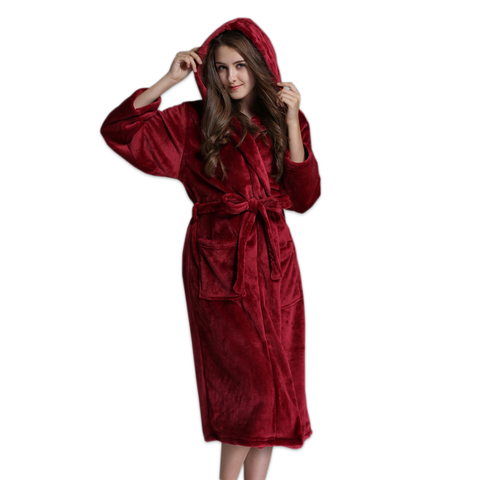 Albornoz rojo de talla grande con capucha para mujer, kimono de franela gruesa y cálida para parejas, bata de vestir de manga larga para hombre y mujer ► Foto 1/6