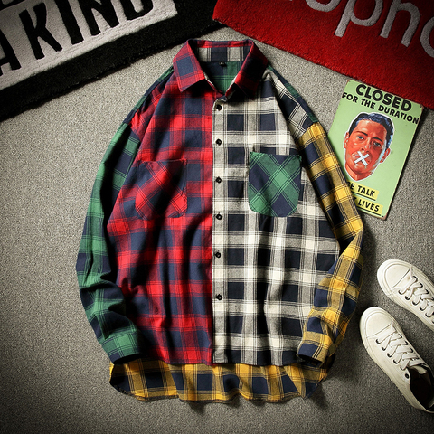 De camisa a cuadros camisa de primavera y otoño de manga larga Casual suave comodidad Harajuku japonés Vintage Plaid Patchwork camisetas hombres mujeres Aut ► Foto 1/6