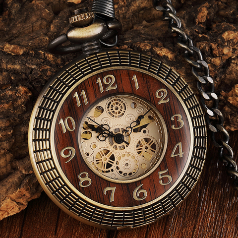 Reloj de bolsillo mecánico con esfera de número tallada en círculo de madera Vintage para hombre, reloj mecánico de bronce Steampunk único, cadena ► Foto 1/6