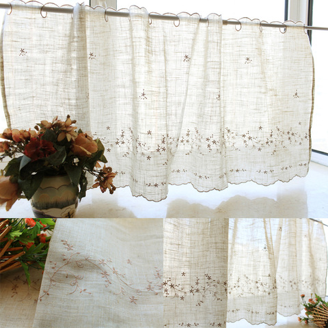 Cortina de cocina bordada con flores pequeñas de estilo europeo, cortina corta de lino para ventana de cocina, 3 tamaños ► Foto 1/3