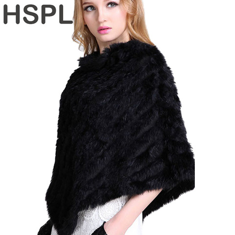 HSPL 2022 venta popular de Primavera de punto Natural de moda de piel de conejo, chal de piel de conejo genuino de las mujeres Piel negra Poncho ► Foto 1/5