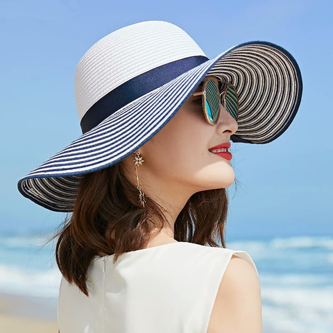 2022 Venta caliente de moda Hepburn viento negro blanco rayas Bowknot verano sol sombrero las mujeres hermosas de paja playa sombrero de gran tamaño sombrero de ala ancha sombrero ► Foto 1/5