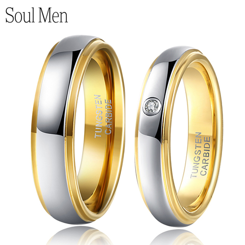1 par plata y oro Color pareja de tungsteno Anillos de Compromiso de boda Set 6mm para él 4mm para ella con piedra CZ anel masculino ► Foto 1/5