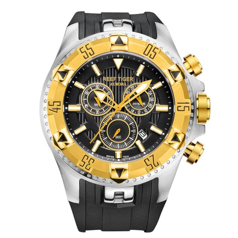 Relojes deportivos de cuarzo Reef Tiger/RT para hombres con cronógrafo y fecha esfera grande súper luminoso acero amarillo oro reloj de parada RGA303 ► Foto 1/6