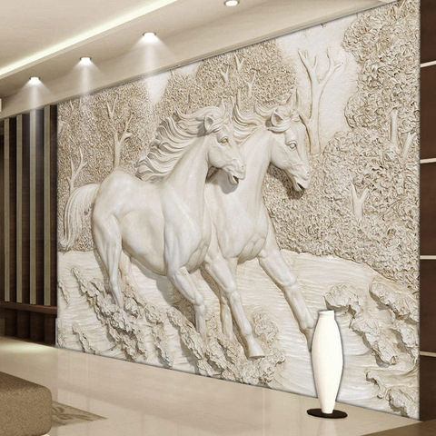 Papel tapiz de Mural personalizado en 3D para decoración de pared del hogar, murales de fotos de caballo blanco en relieve estéreo para sala de estar y TV ► Foto 1/6