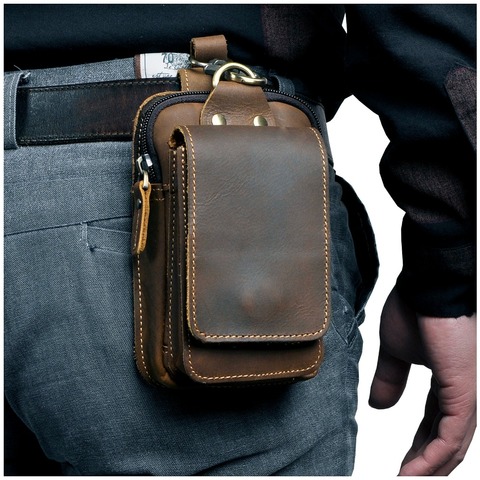 Bolso pequeño de piel auténtica con diseño Casual para hombre, bolso de piel de vaca con gancho a la moda, riñonera, funda para cigarrillo de 5,5 