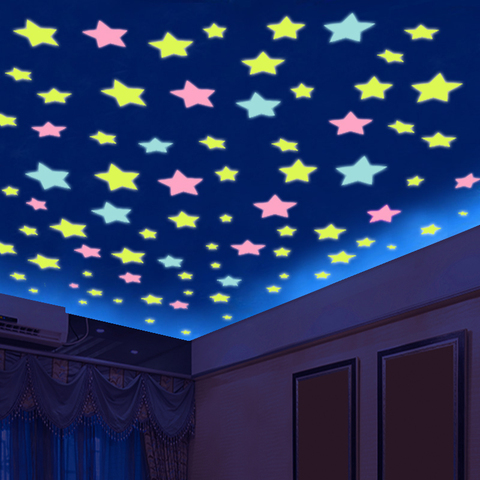 100 unids/lote 3cm 3D Estrellas luminosas brillan en la oscuridad de la pared de habitación de los niños pegatinas de arte Mural casa decoración estrella pared fluorescente calcomanías ► Foto 1/6