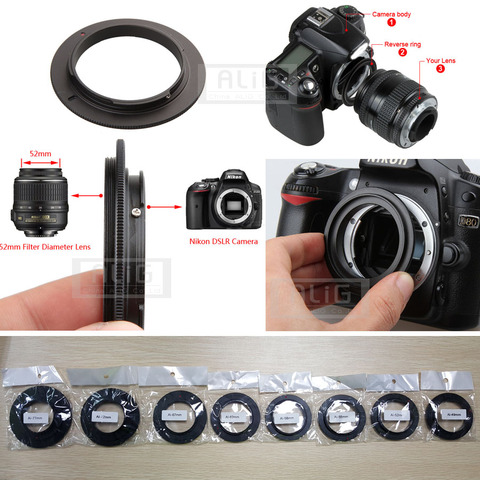 Cámara de aluminio lente Macro inversa anillo adaptador para Nikon AI a 49mm 52mm 55mm 58mm 62mm 67mm 72mm, 77mm de montaje de rosca ► Foto 1/6