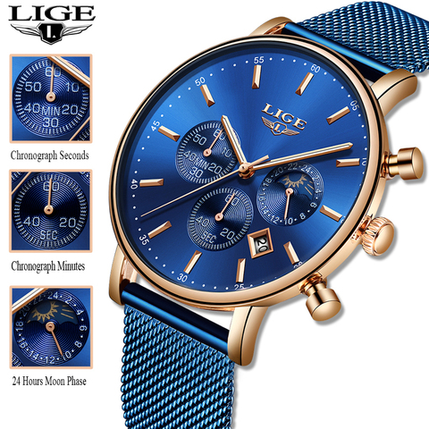 LIGE-Reloj de cuarzo azul para Mujer, pulsera de malla, resistente al agua, informal, 2022 ► Foto 1/6