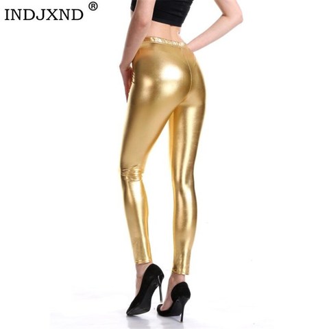 INDJXND-Leggings de piel sintética estilo Punk Rock para mujer, pantalones de color morado, metálico, dorado brillante, Sexy, Fitness ► Foto 1/6