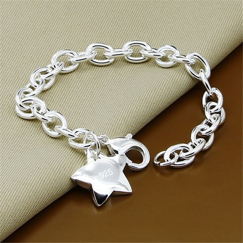 Pulsera amuleto de estrella para mujer y hombre, joyería clásica de Plata de Ley 925, pulsera de cadena de eslabones de plata ► Foto 1/2