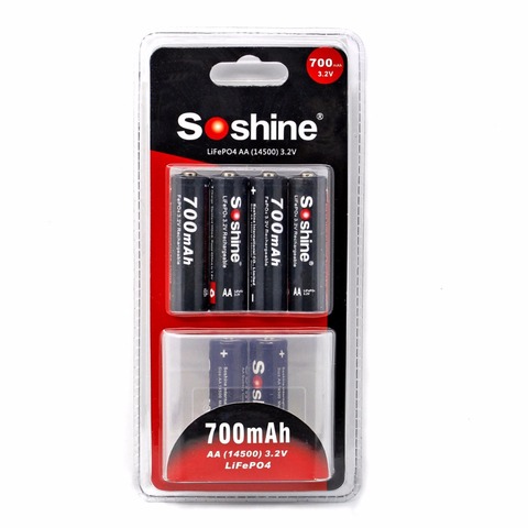4 unids/pack Soshine 700mAh 14500 batería 3,2 V LiFePO4 AA batería recargable con la caja de la batería conector de batería ► Foto 1/4