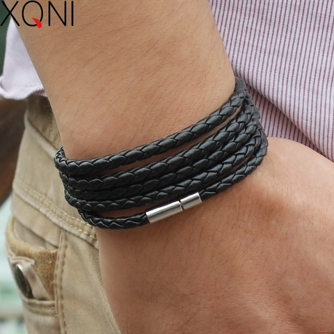 XQNI-pulsera larga de cuero para hombre, brazalete masculino con cadena de eslabones, color negro, estilo retro, con 5 vueltas ► Foto 1/6