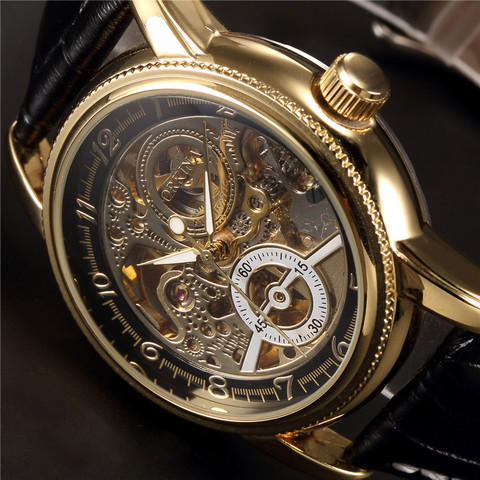 MG Oraka-Reloj de lujo para hombre, con correa de cuero, Retro, negro, esqueleto dorado, Dial, automático, mecánico ► Foto 1/5