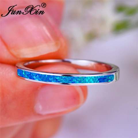 JUNXIN-anillos de ópalo de fuego azul y blanco para hombre y mujer, anillo fino minimalista de boda, joyería de compromiso de oro blanco ► Foto 1/6