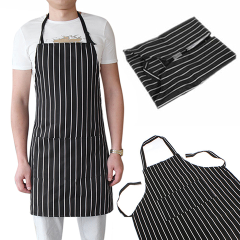 Delantal de babero ajustable para adultos de rayas negras con 2 bolsillos Chef camarero Cocina ► Foto 1/6