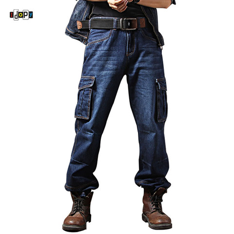 Idopy hombres Casual motocicleta ropa de trabajo Multi bolsillos dril Biker Cargo Jeans pantalones para hombres talla grande ► Foto 1/6