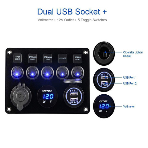 Panel de interruptor LED de 5 entradas para barco marino, voltímetro digital de circuito a prueba de agua, puerto USB Dual, salida de 12V, para BMW E46 y Audi A4 ► Foto 1/6