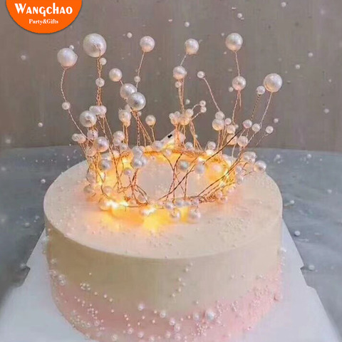 Corona para pastel de princesa y perla brillante hecha a mano, decoración de pastel de boda, sombrero de feliz cumpleaños para novia y novio ► Foto 1/6