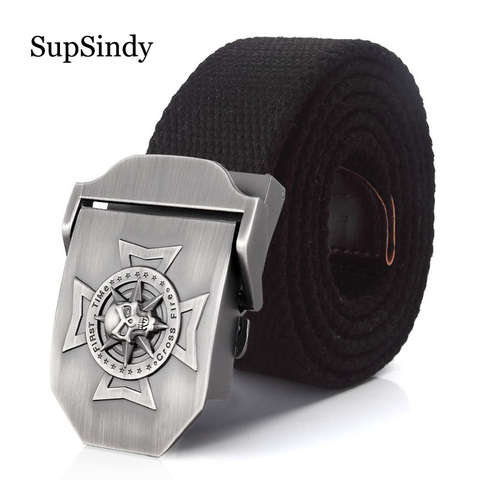 SupSindy-Cinturón de lona con hebilla de metal y Cruz del cráneo para hombre, cinturón táctico militar de alta calidad, color verde militar ► Foto 1/6