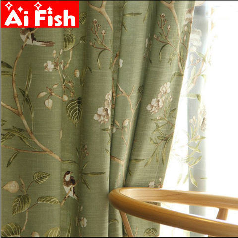 American Country Garden algodón Lino verde ventana cortinas para sala de estar pájaros impreso dormitorio ventana Blackout cortinas WP145-40 ► Foto 1/6