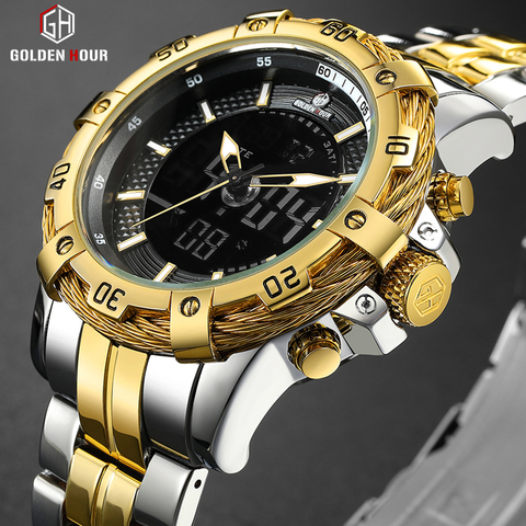 Reloj analógico Digital para hombre GOLDENHOUR de lujo a la moda deportivo resistente al agua reloj de dos tonos inoxidable para hombre ► Foto 1/6